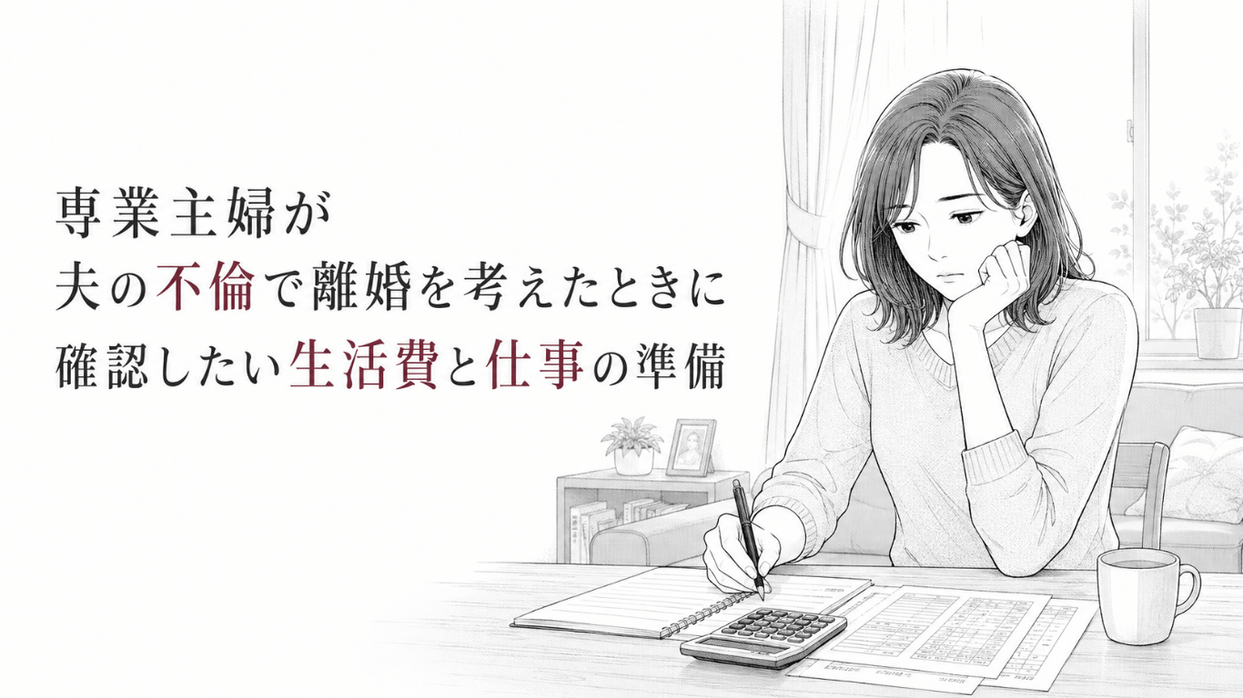 離婚後の暮らしを見据え、食卓で家計資料と電卓を前に仕事と生活費を整理する女性。