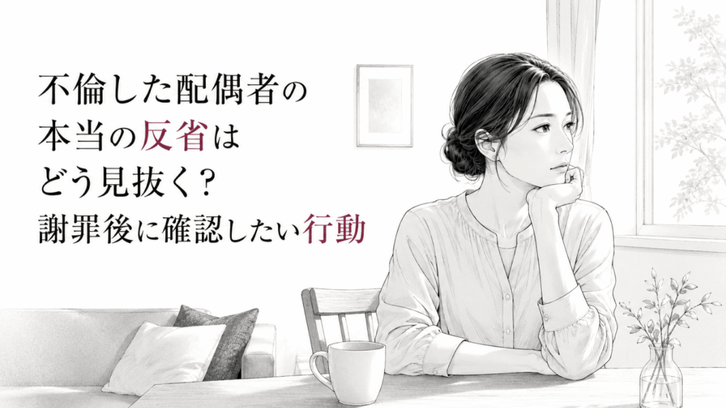不倫後の配偶者の反省を見極めようと、窓辺のテーブルで静かに考え込む女性のモノクロ線画。