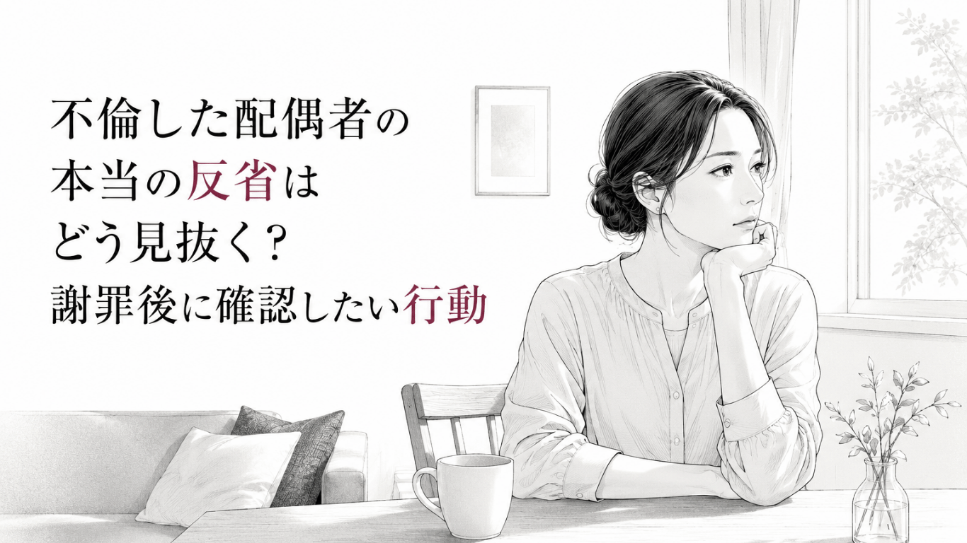 不倫後の配偶者の反省を見極めようと、窓辺のテーブルで静かに考え込む女性のモノクロ線画。