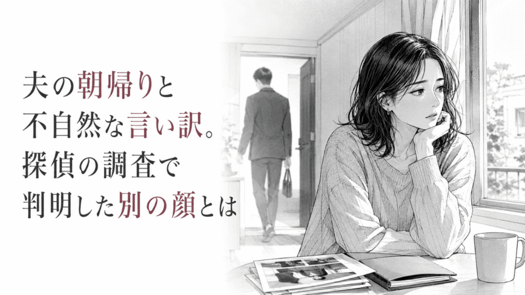 探偵の調査資料を前に、不安げな表情で窓辺に座る妻と、背を向けて立ち去る夫の姿。