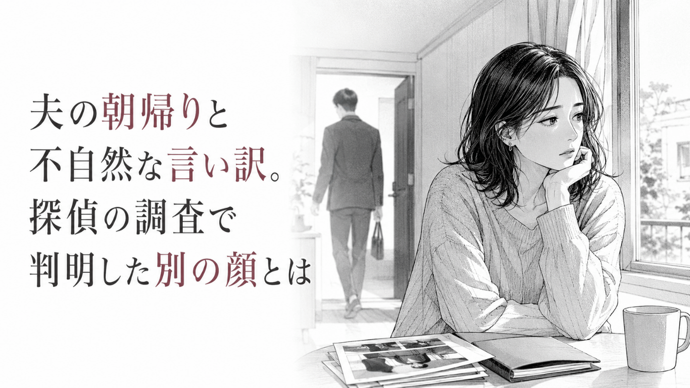 探偵の調査資料を前に、不安げな表情で窓辺に座る妻と、背を向けて立ち去る夫の姿。