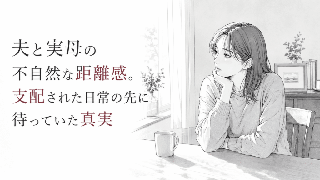 明るい室内の食卓で頬杖をつき、窓の外を見つめる女性。裏切りへの戸惑いと、支配から抜け出す静かな決意がにじむ。