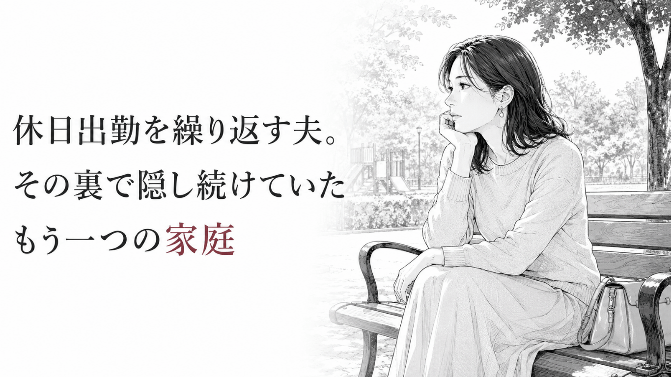 公園のベンチで遠くを見つめる女性が、夫の二重生活を知り娘との未来を決意するモノクロ線画