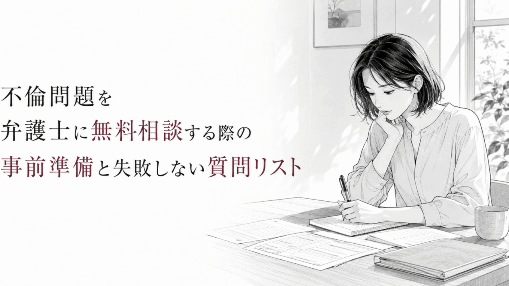 不倫問題の弁護士相談に備え、資料を広げた机で質問事項をノートに整理する女性の静かな様子