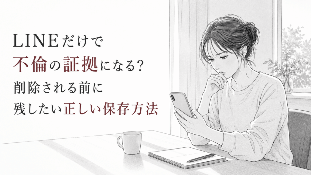 スマートフォンの画面を見つめながら、不倫を疑うLINEの記録をどう残すべきか静かに考える女性。