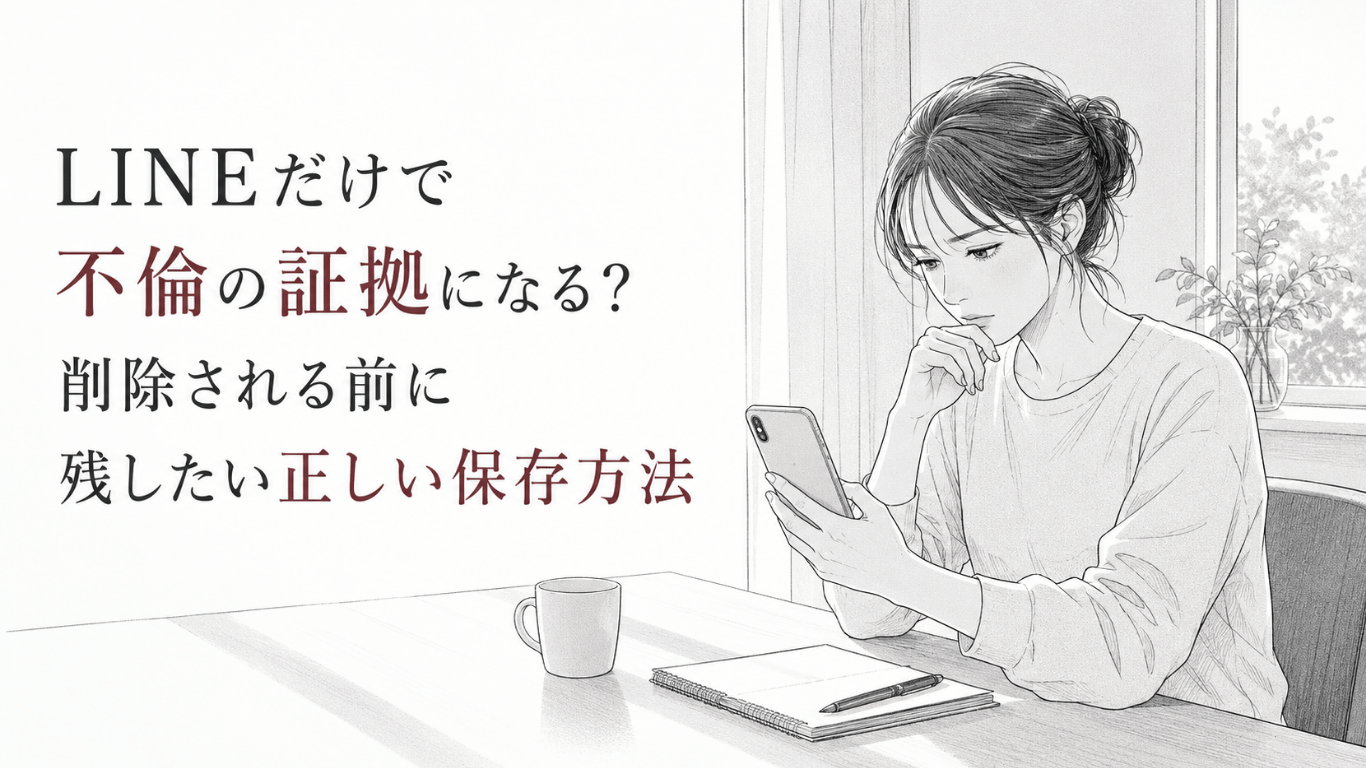 スマートフォンの画面を見つめながら、不倫を疑うLINEの記録をどう残すべきか静かに考える女性。