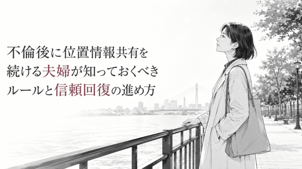 川沿いの遊歩道で手すりに手を添え、夫婦の信頼回復について静かに思いを巡らせる女性
