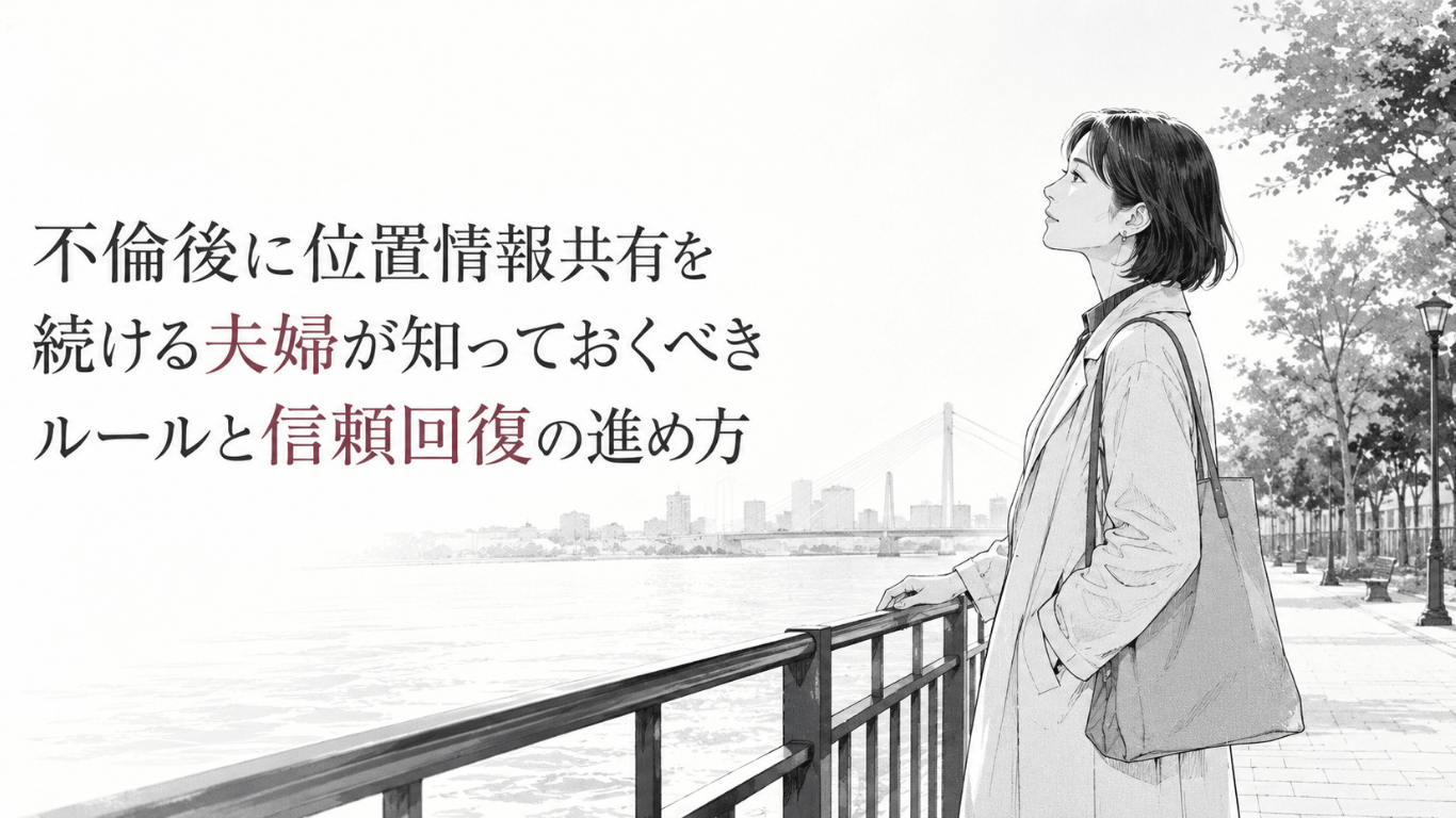川沿いの遊歩道で手すりに手を添え、夫婦の信頼回復について静かに思いを巡らせる女性