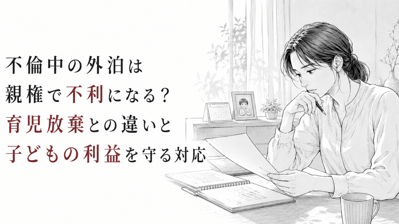 子どもの写真を前に、外泊記録や養育資料を確認しながら親権について考える女性のモノクロ線画。