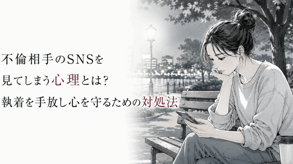 夜の水辺のベンチでスマホを見つめ、不倫相手のSNSへの執着と向き合う女性の様子