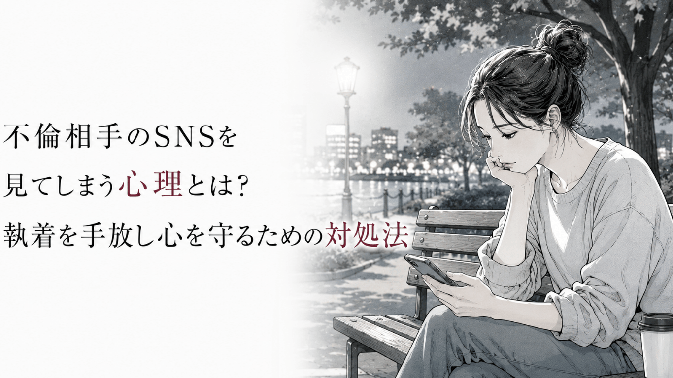 夜の水辺のベンチでスマホを見つめ、不倫相手のSNSへの執着と向き合う女性の様子