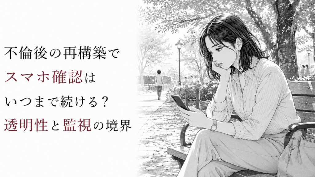 公園のベンチでスマートフォンを見つめながら考え込む女性を描いた、不安と信頼回復の境界を表すモノクロ線画。
