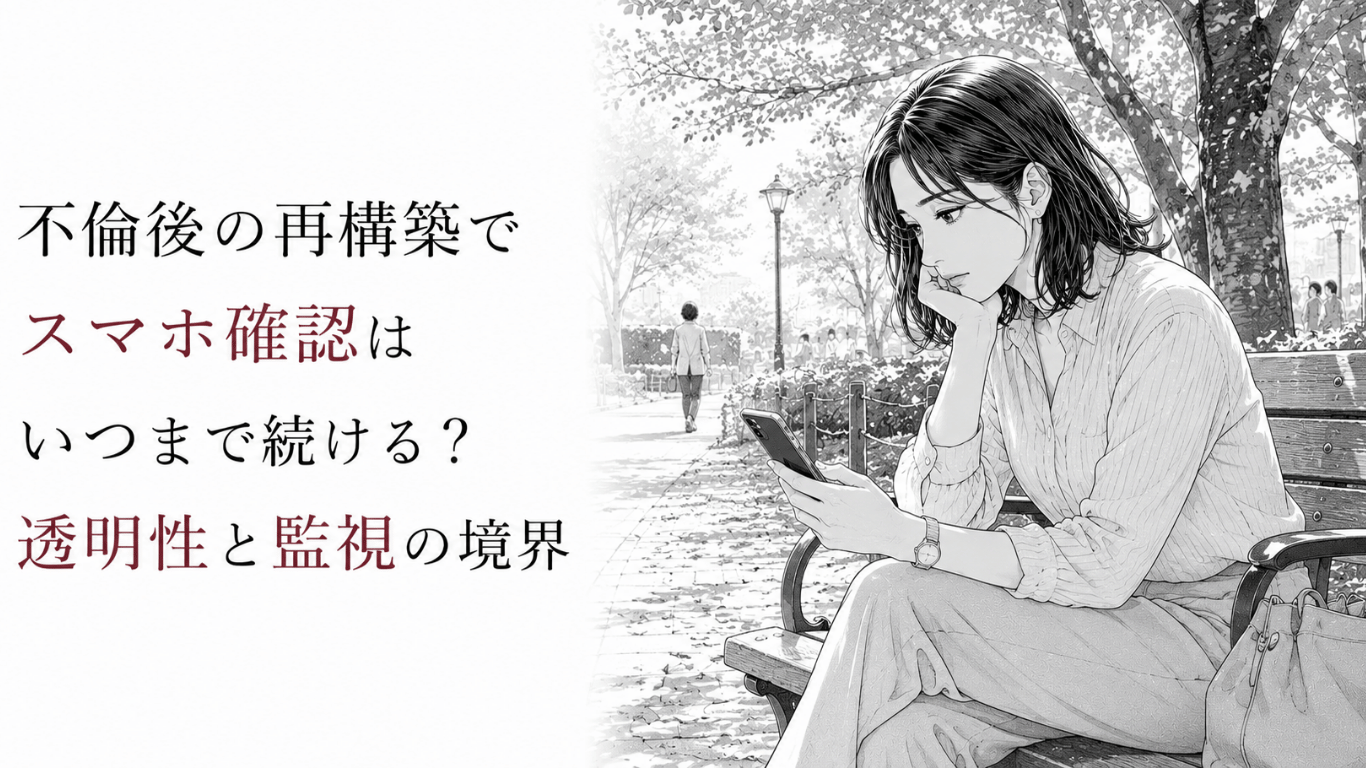 公園のベンチでスマートフォンを見つめながら考え込む女性を描いた、不安と信頼回復の境界を表すモノクロ線画。