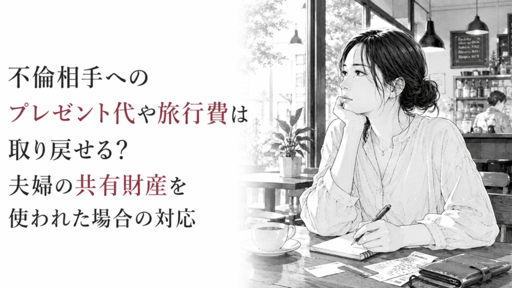 おしゃれな喫茶店で明細やメモを前に、不倫に使われた共有財産への対応を考える女性