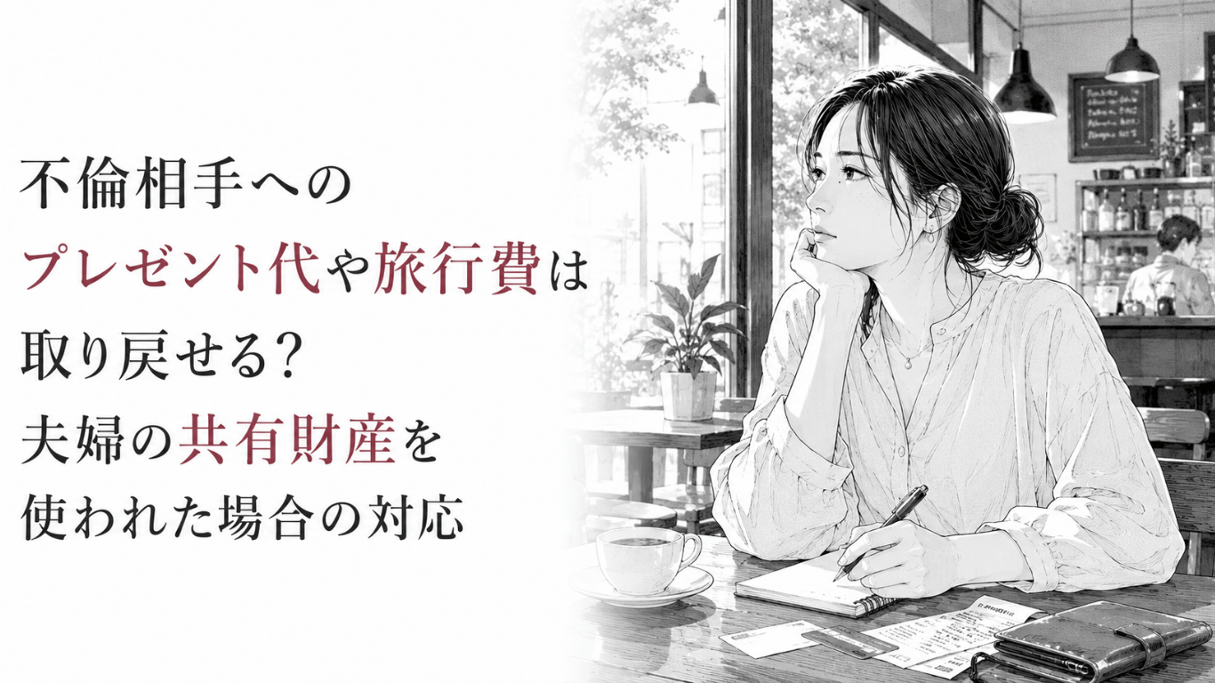 おしゃれな喫茶店で明細やメモを前に、不倫に使われた共有財産への対応を考える女性