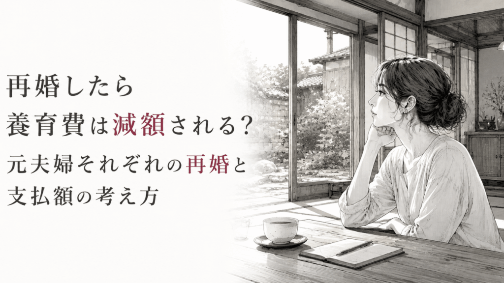 古民家の縁側で、再婚後の養育費について静かに考える女性を描いたモノクロ線画。