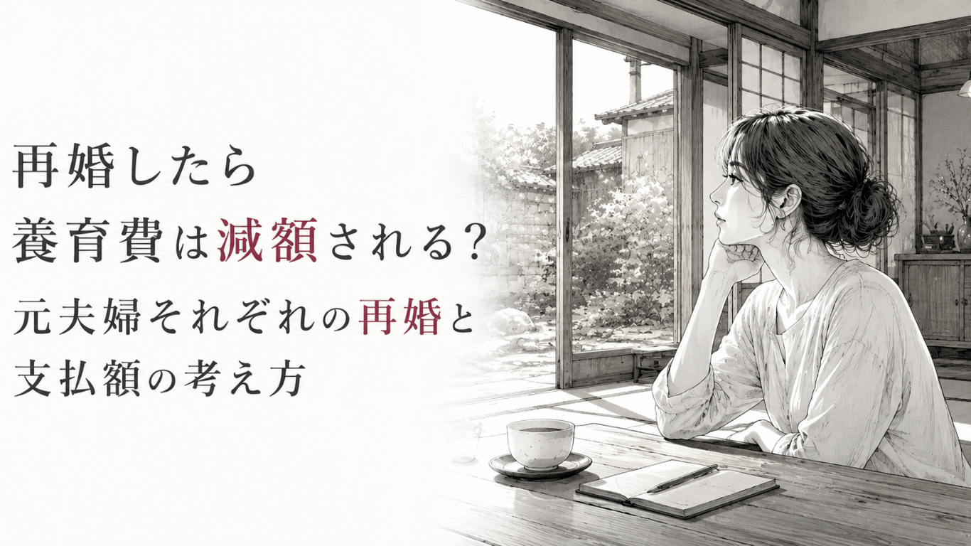 古民家の縁側で、再婚後の養育費について静かに考える女性を描いたモノクロ線画。