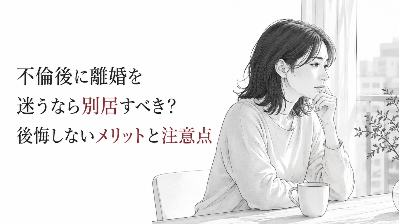 窓辺のテーブルで一人、不倫後の別居と離婚の選択を静かに考える女性のモノクロ漫画イラスト