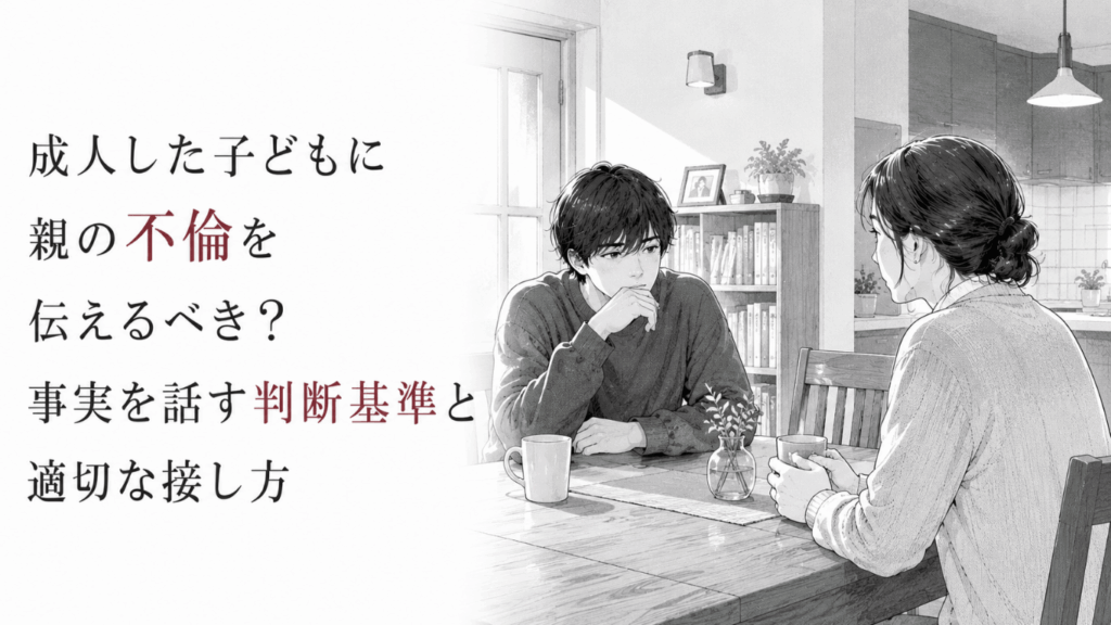 食卓を挟んで向き合う母親と成人した息子が、親の不倫について慎重に話し合う場面を描いたモノクロ漫画イラスト