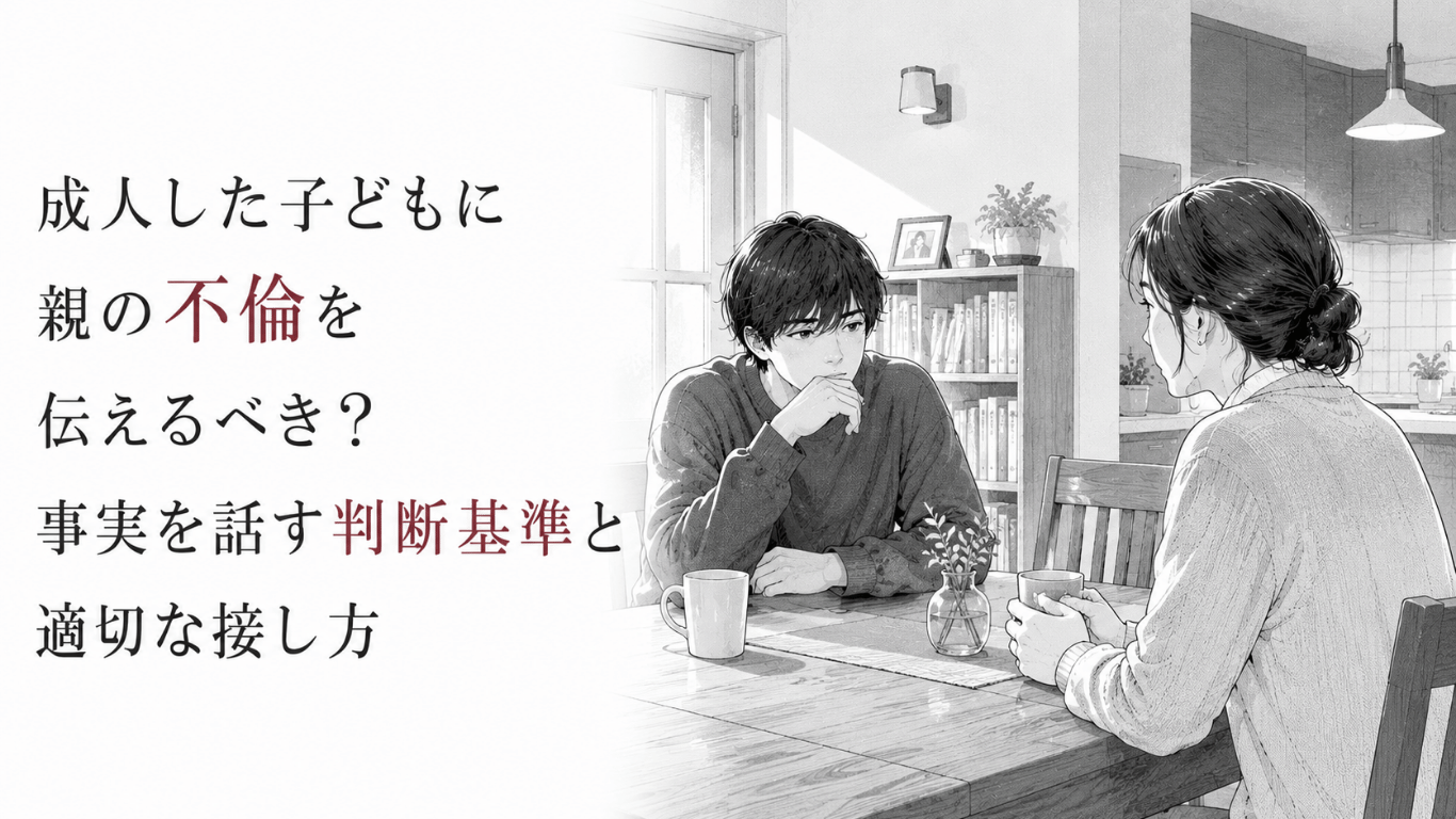 食卓を挟んで向き合う母親と成人した息子が、親の不倫について慎重に話し合う場面を描いたモノクロ漫画イラスト