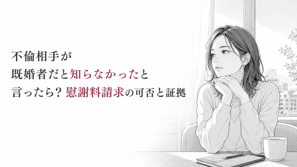 窓辺の机で物思いにふける女性が、不倫相手の認識と慰謝料請求の証拠について静かに考える場面