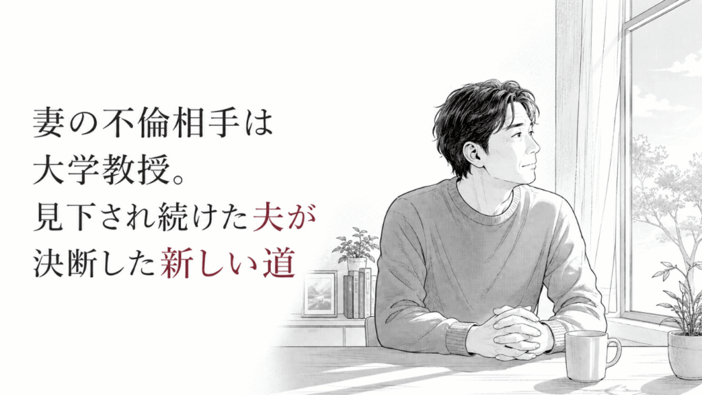 窓辺のテーブルで手を組み、静かに外を見つめながら新しい人生への決意を固める中年男性のモノクロ線画