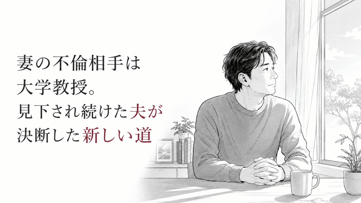 窓辺のテーブルで手を組み、静かに外を見つめながら新しい人生への決意を固める中年男性のモノクロ線画