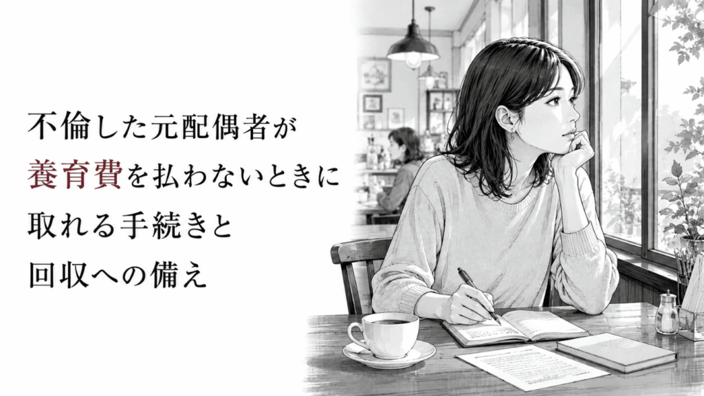 喫茶店で書類を前に、未払い養育費の回収手続きを静かに考える女性のモノクロ漫画イラスト