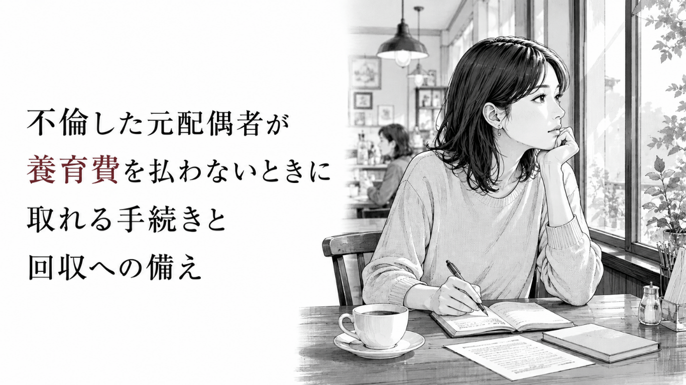 喫茶店で書類を前に、未払い養育費の回収手続きを静かに考える女性のモノクロ漫画イラスト