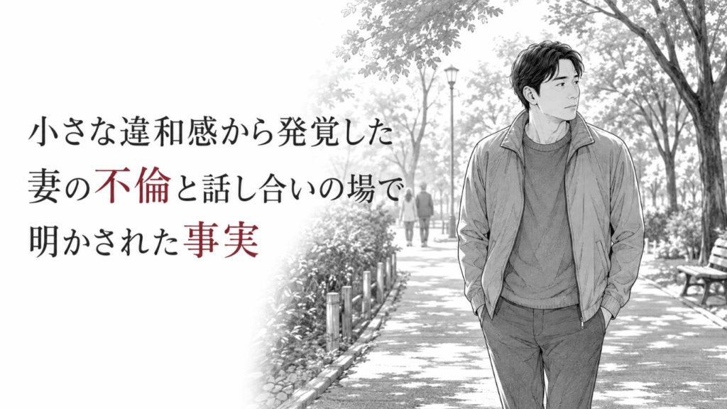 公園の並木道で、遠ざかる女性を背に静かな決意を胸に歩く男性を描いたモノクロ線画