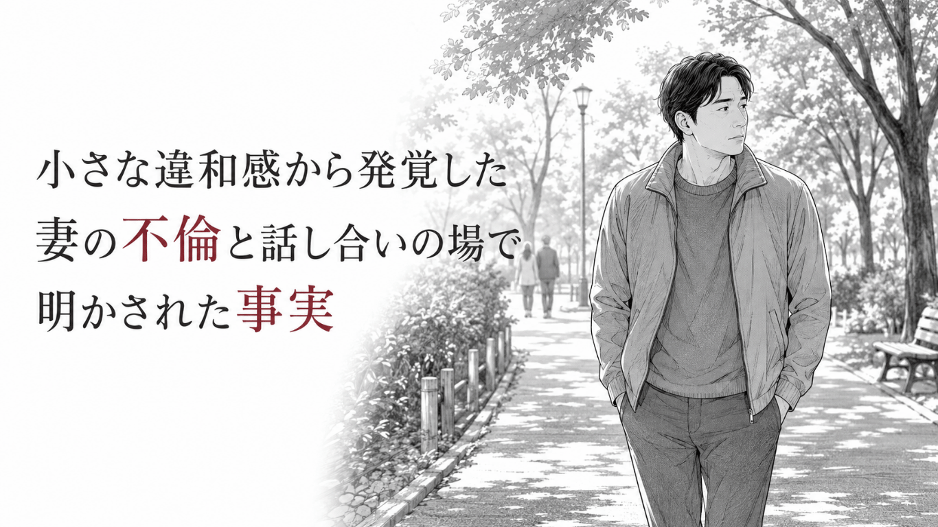 公園の並木道で、遠ざかる女性を背に静かな決意を胸に歩く男性を描いたモノクロ線画
