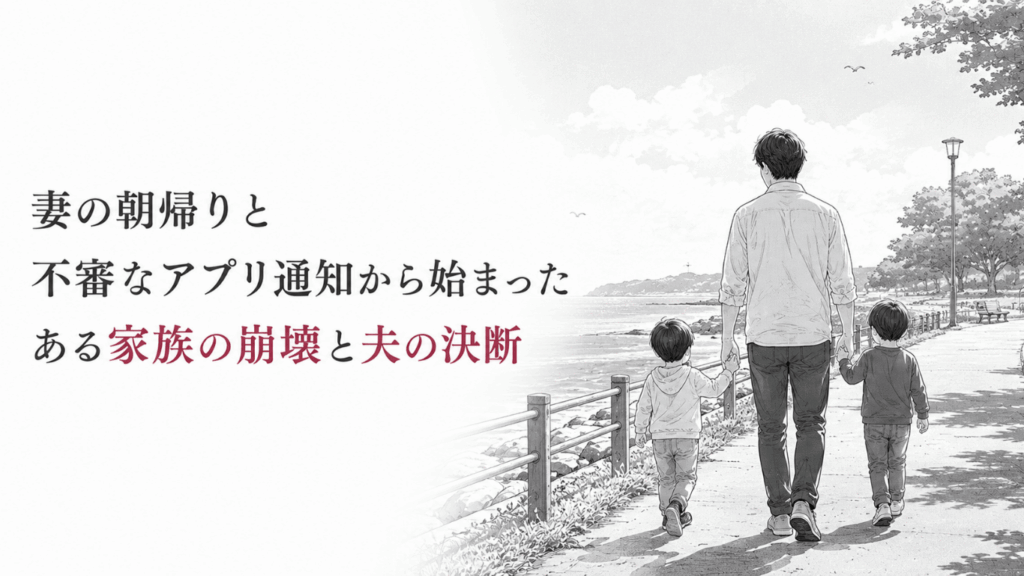 海の見える公園を、父親が幼い二人の息子と手をつないで歩き、新生活への決意をにじませる場面