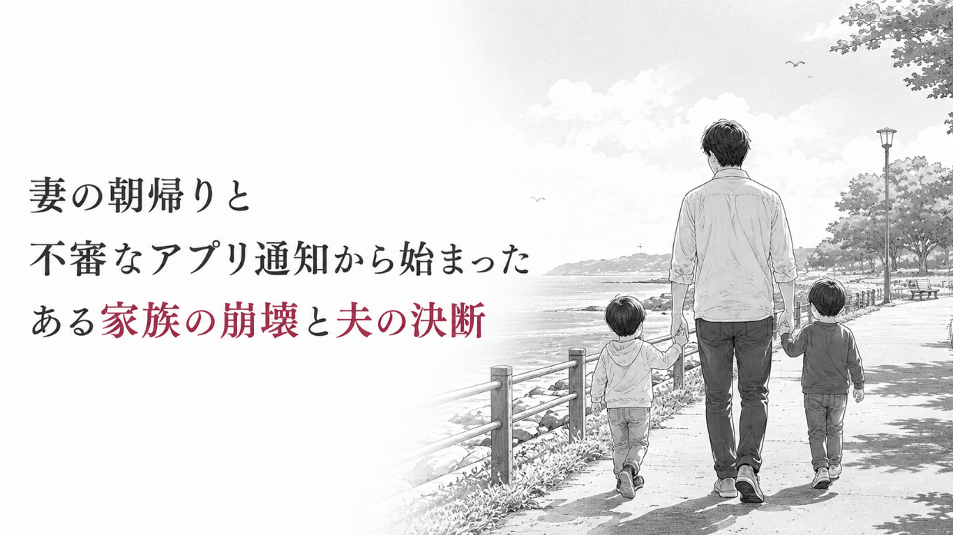 海の見える公園を、父親が幼い二人の息子と手をつないで歩き、新生活への決意をにじませる場面