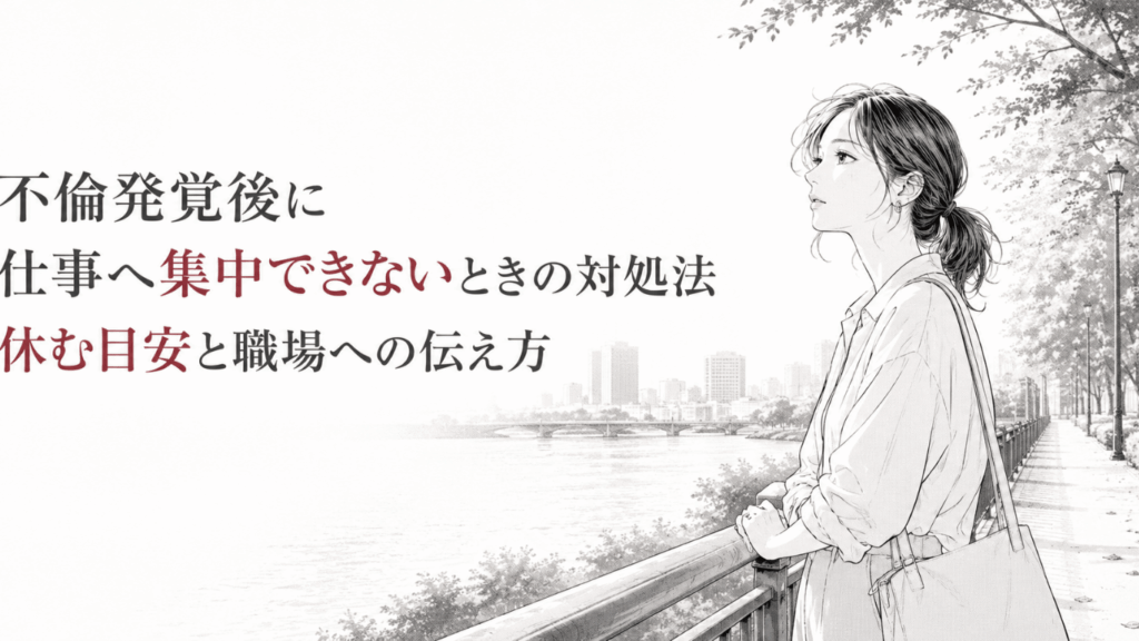 川沿いの遊歩道で手すりに寄りかかり、仕事や今後について静かに思い悩む女性を描いたモノクロ漫画イラスト。