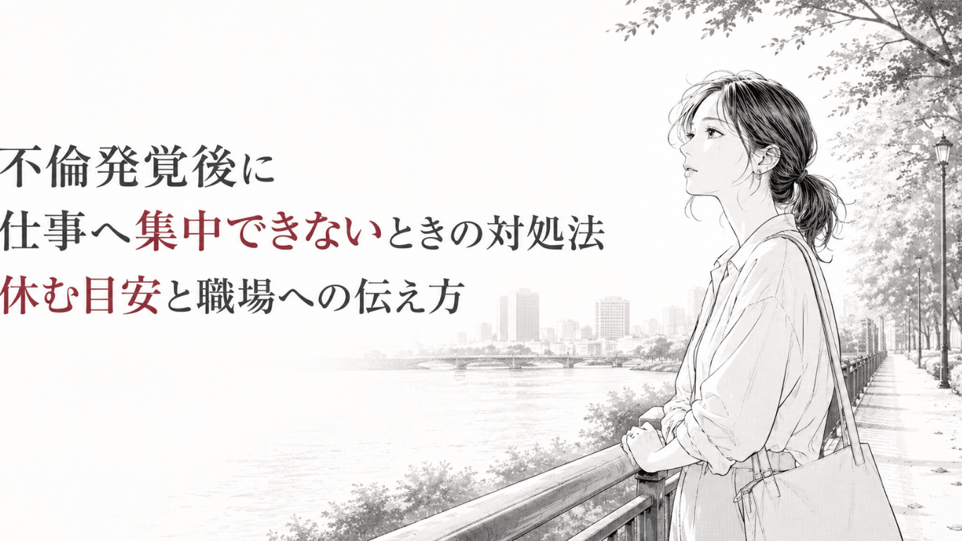 川沿いの遊歩道で手すりに寄りかかり、仕事や今後について静かに思い悩む女性を描いたモノクロ漫画イラスト。