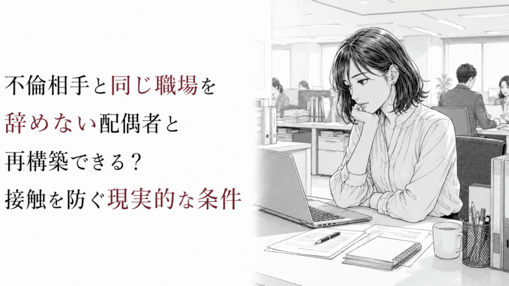 職場のデスクで考え込む女性と周囲の同僚を描き、不倫相手との接触に揺れる再構築の不安を表した線画。