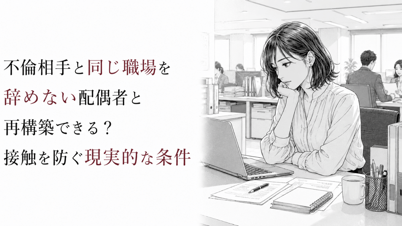 職場のデスクで考え込む女性と周囲の同僚を描き、不倫相手との接触に揺れる再構築の不安を表した線画。