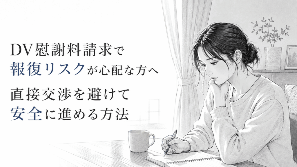 DV慰謝料請求への報復を不安に感じながら、窓辺の机で今後の対応を静かに考える女性の線画イラスト
