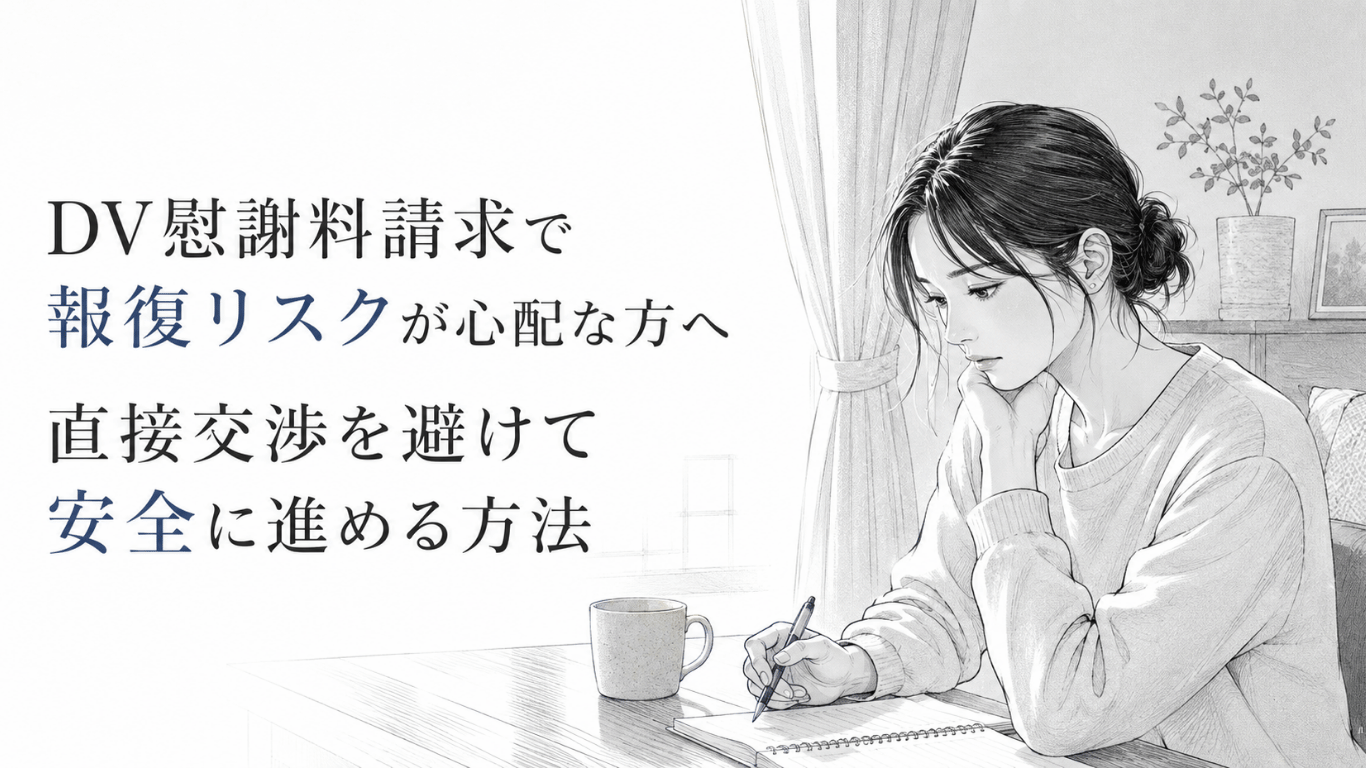 DV慰謝料請求への報復を不安に感じながら、窓辺の机で今後の対応を静かに考える女性の線画イラスト