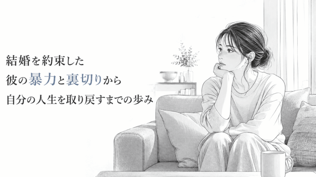 自宅のソファに座り、暴力と裏切りを乗り越えて自分の人生を取り戻そうと静かに前を見つめる女性