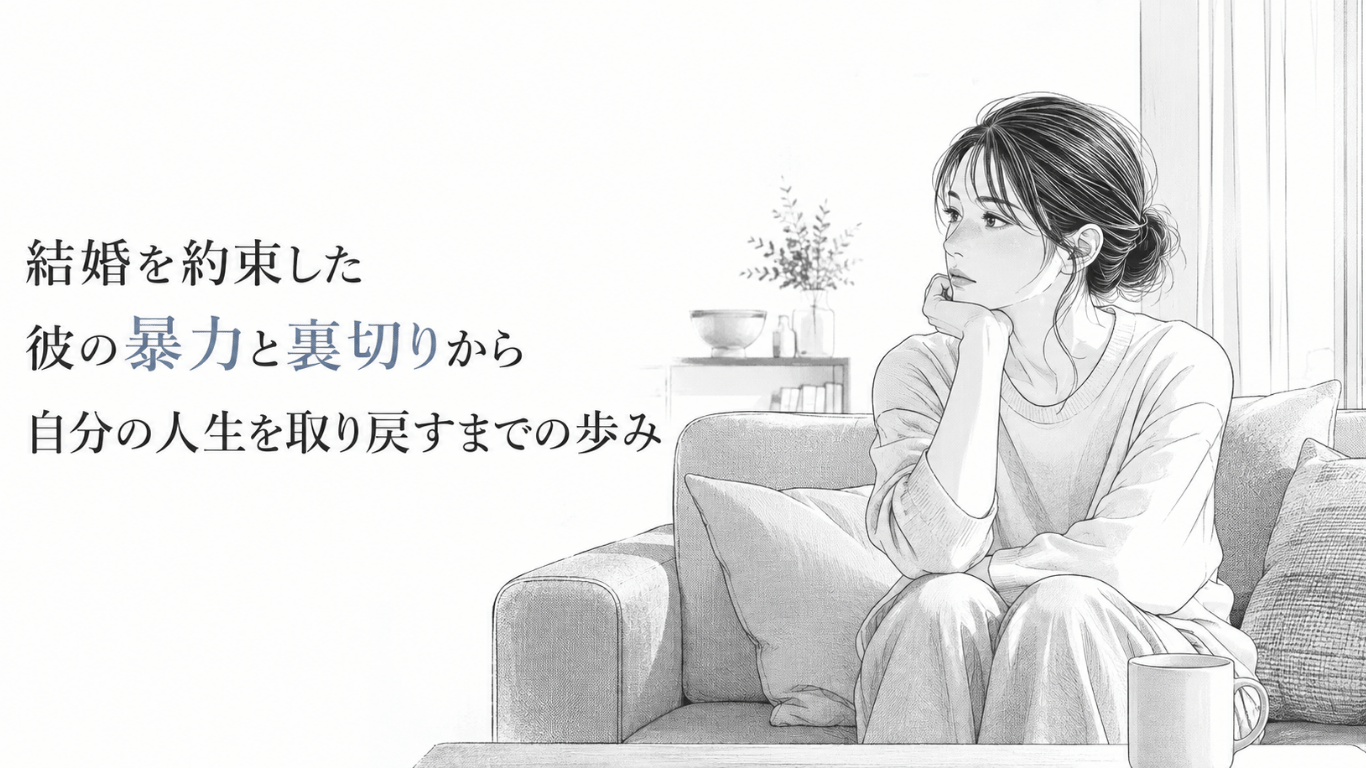 自宅のソファに座り、暴力と裏切りを乗り越えて自分の人生を取り戻そうと静かに前を見つめる女性
