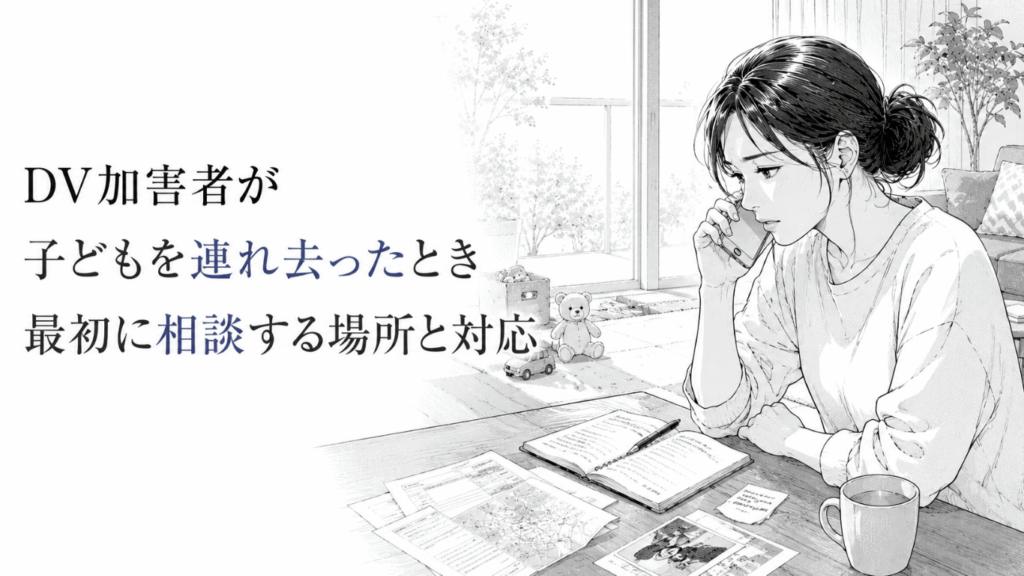 子どもを連れ去られた直後、室内で電話相談しながら状況や必要な情報を整理する女性の線画イラスト