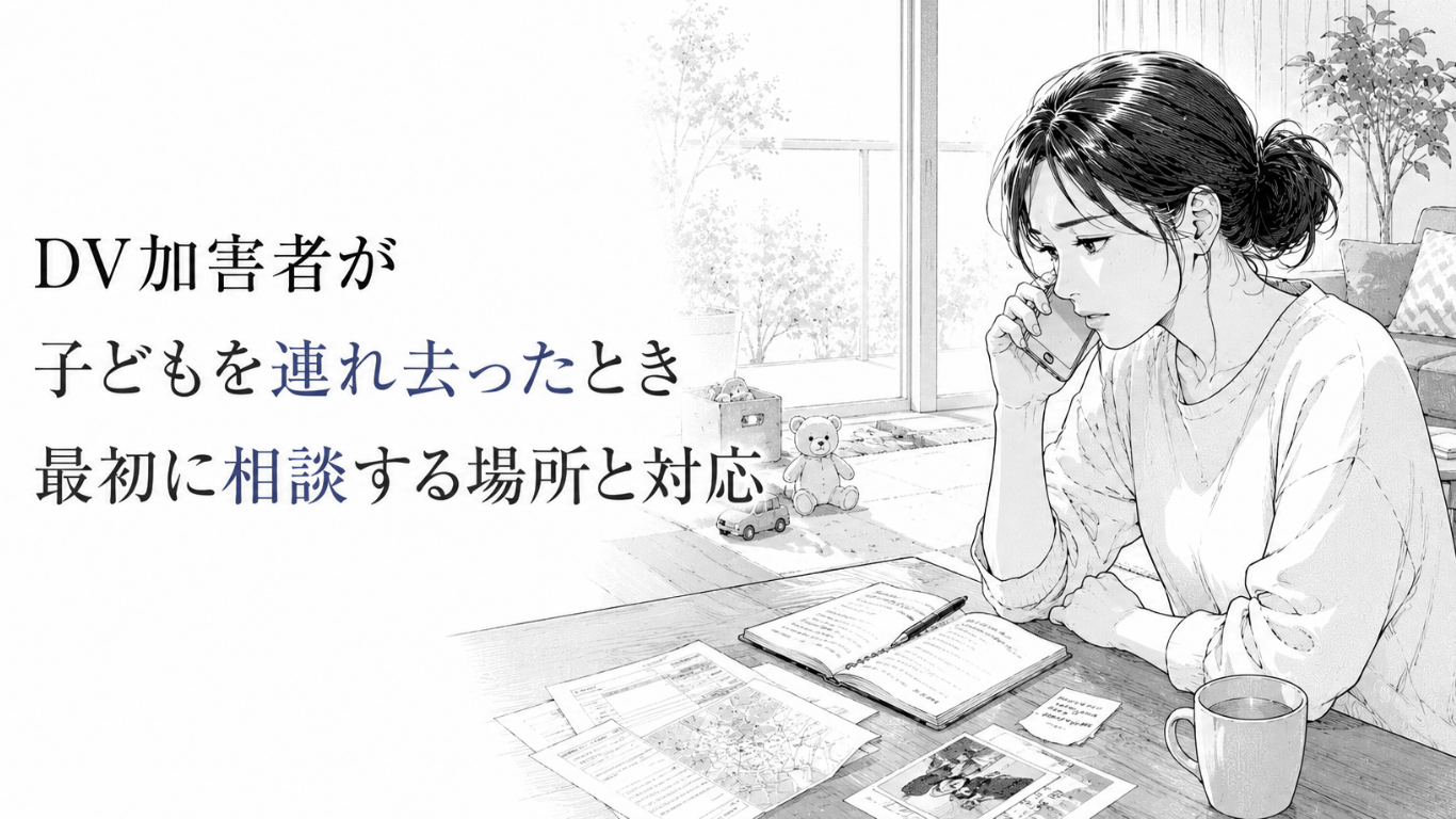 子どもを連れ去られた直後、室内で電話相談しながら状況や必要な情報を整理する女性の線画イラスト