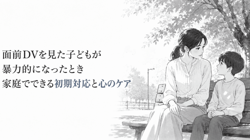 公園のベンチで、不安そうな子どもに穏やかに向き合い寄り添う母親の様子を描いたモノクロ線画