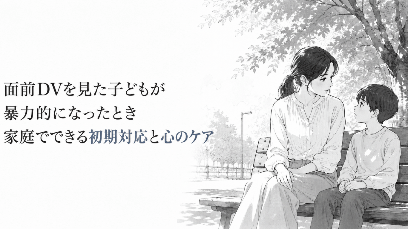 公園のベンチで、不安そうな子どもに穏やかに向き合い寄り添う母親の様子を描いたモノクロ線画