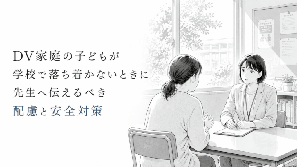学校の相談室で、子どもの落ち着かない様子と必要な配慮、安全対策について先生へ相談する保護者