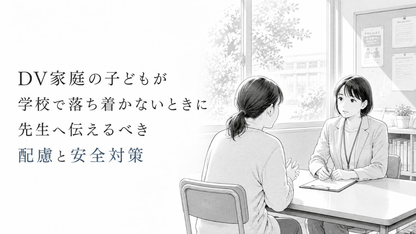 学校の相談室で、子どもの落ち着かない様子と必要な配慮、安全対策について先生へ相談する保護者