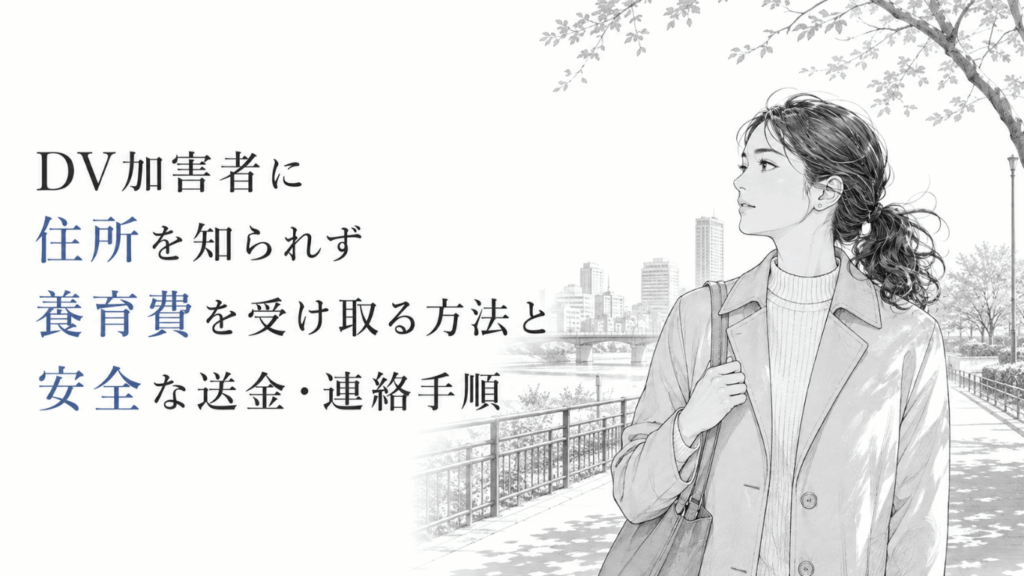 街の公園で周囲を見渡しながら、安全な養育費の受け取り方を静かに考える女性の線画イラスト