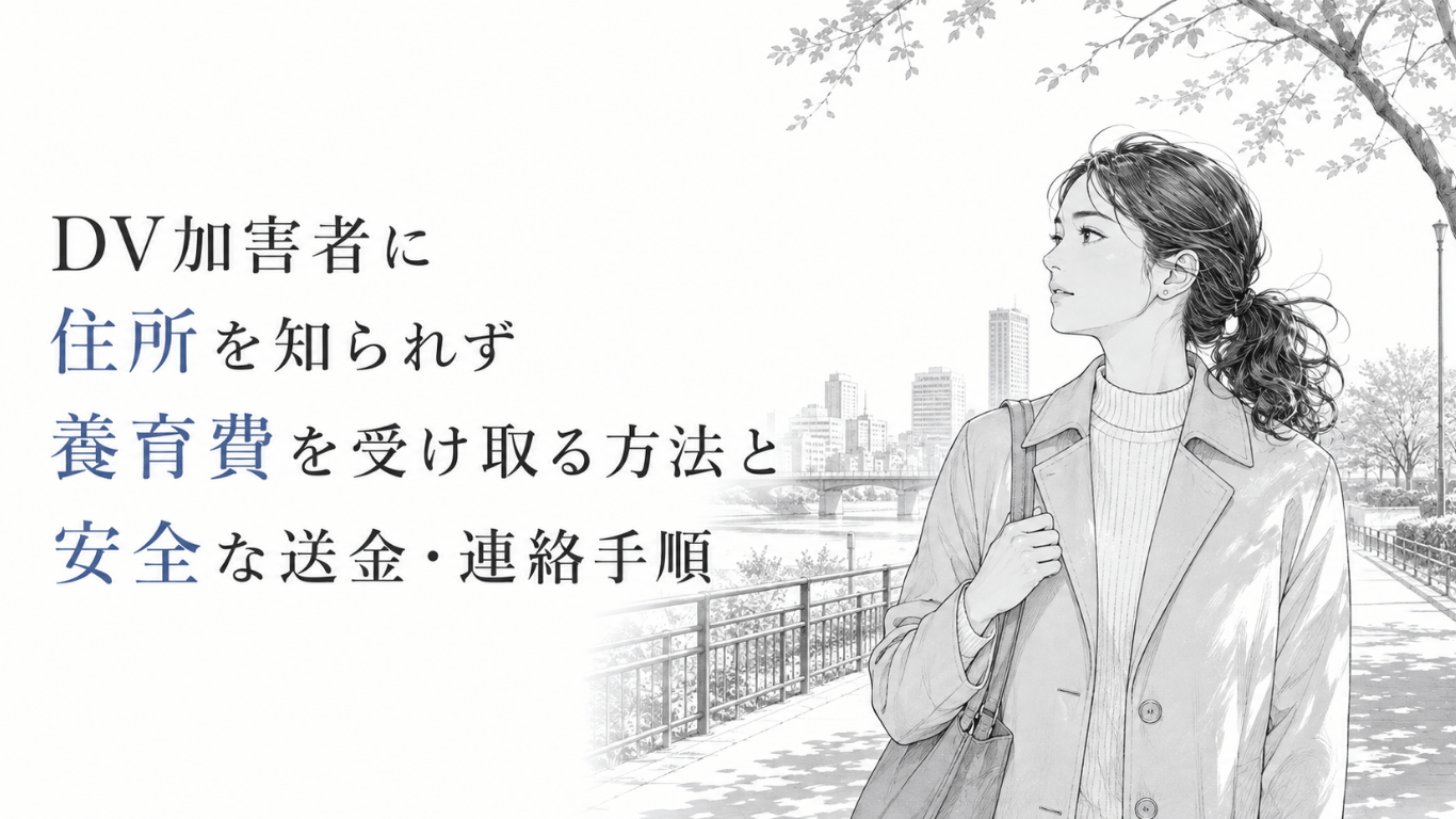 街の公園で周囲を見渡しながら、安全な養育費の受け取り方を静かに考える女性の線画イラスト