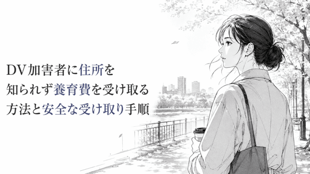 住所を伏せて養育費を受け取る不安を抱えながら、川沿いで静かに先を見つめる女性の線画イラスト